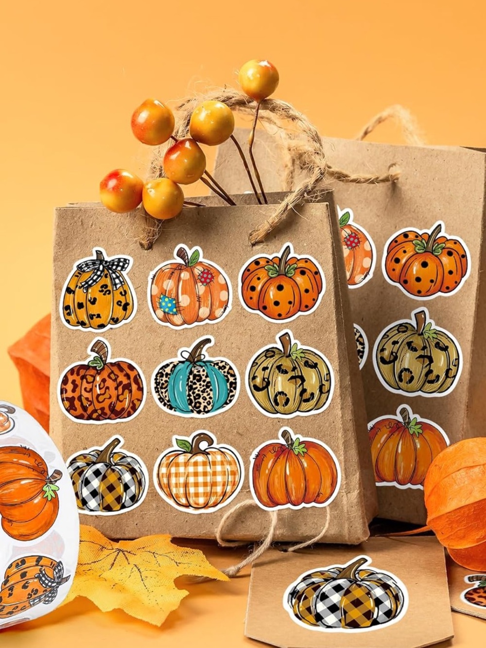NEW! 50 Plaid Pumpkin 1.5 inch Fall Stickers